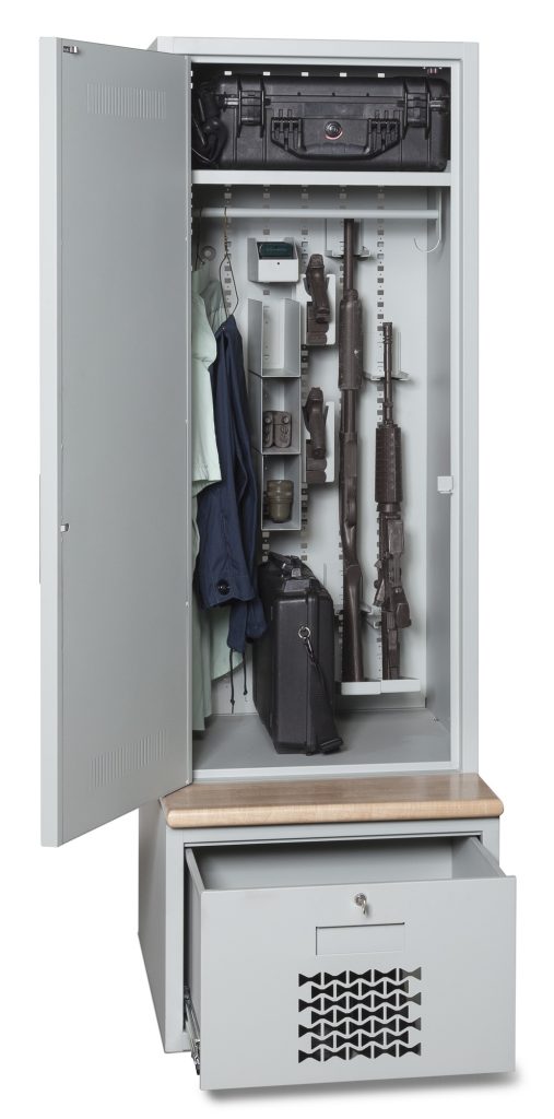 Tactical Gear Locker Open With Wooden Bench