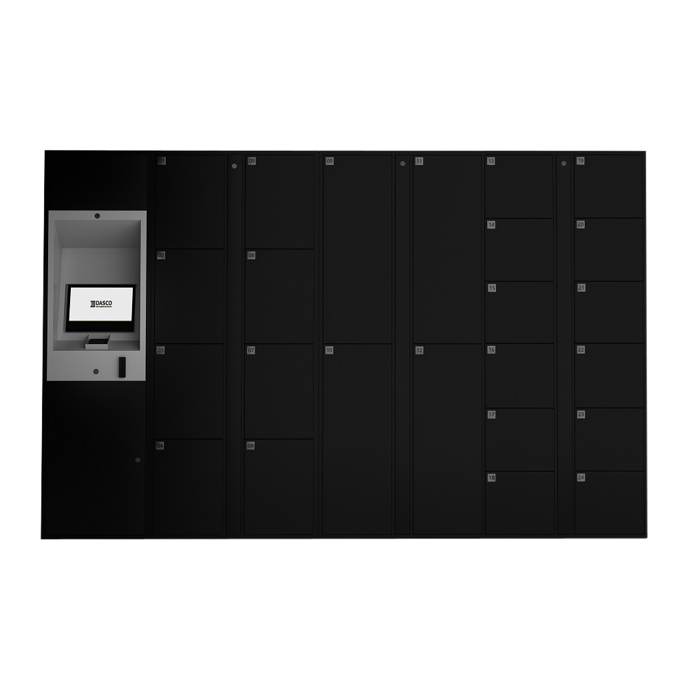 Black E-Locker Access Kiosk and Locker Cabinets - Front View